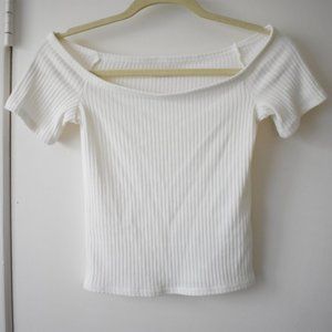 White Off the Shoulder Ribbed Short Sleeve Top